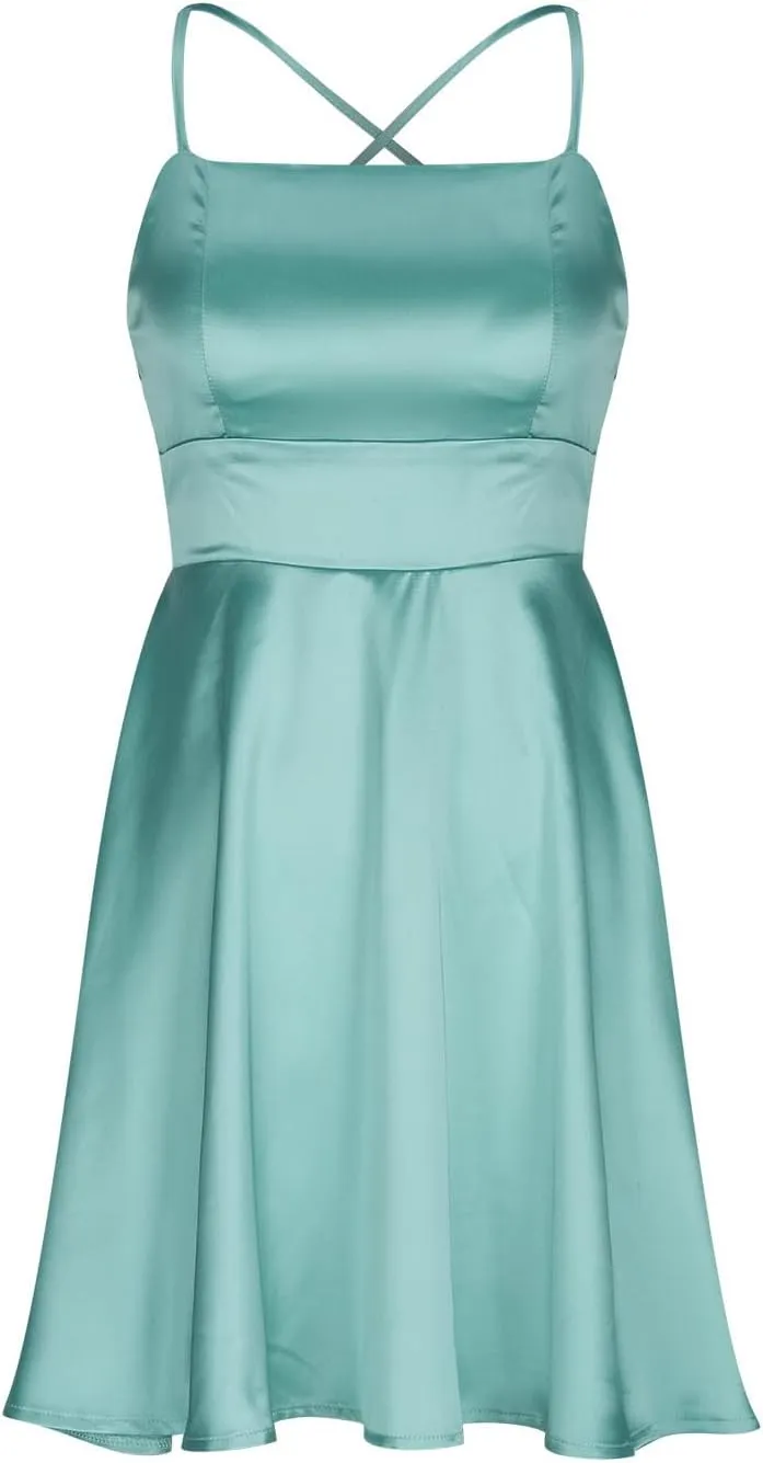 XUNRYAN Womens Spaghetti Strap Mini Dress Sexy Backless Short Satin Dress Cowl Neck Tie Ruffle Flowy Sundress Nightgown