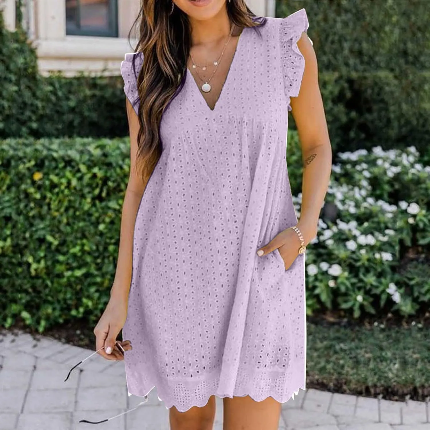 XUNRYAN Womens Summer Casual Eyelet Tank Dresses Ruffle Sleeveless Babydoll Mini Dress Flowy Swing Beach Sundresses Vacation