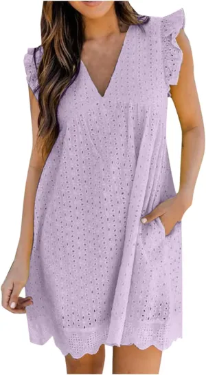 XUNRYAN Womens Summer Casual Eyelet Tank Dresses Ruffle Sleeveless Babydoll Mini Dress Flowy Swing Beach Sundresses Vacation