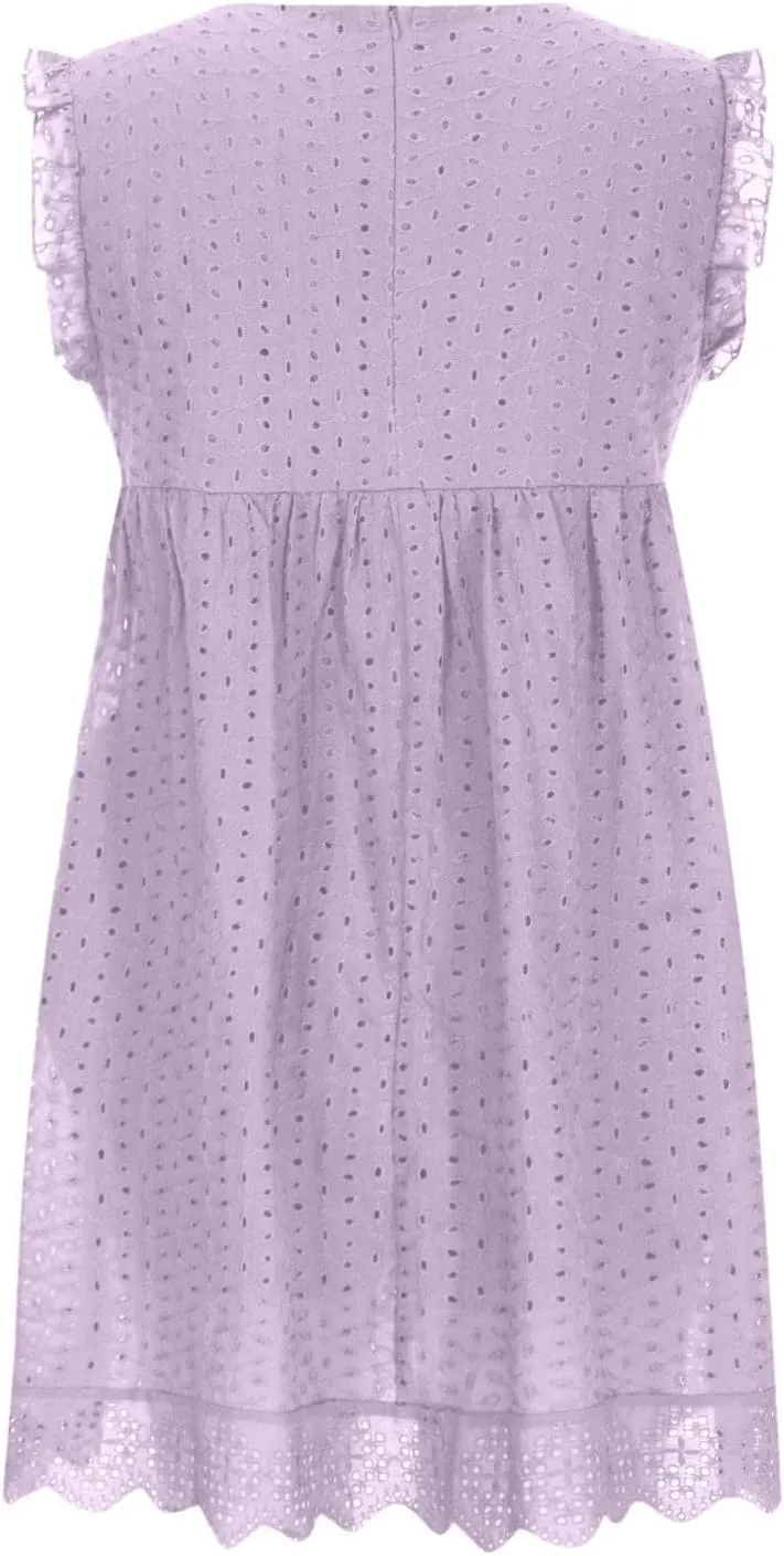 XUNRYAN Womens Summer Casual Eyelet Tank Dresses Ruffle Sleeveless Babydoll Mini Dress Flowy Swing Beach Sundresses Vacation