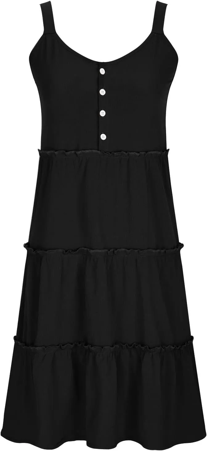 XUNRYAN Womens Tank Dresses Summer Trendy Spaghetti Strap Mini Dress Casual Button Sundress Tiered Ruffle Vacation Outfit