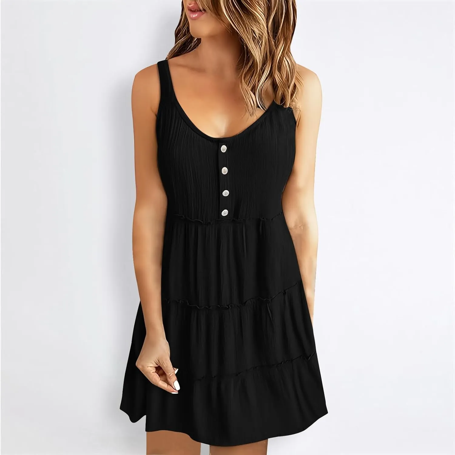XUNRYAN Womens Tank Dresses Summer Trendy Spaghetti Strap Mini Dress Casual Button Sundress Tiered Ruffle Vacation Outfit
