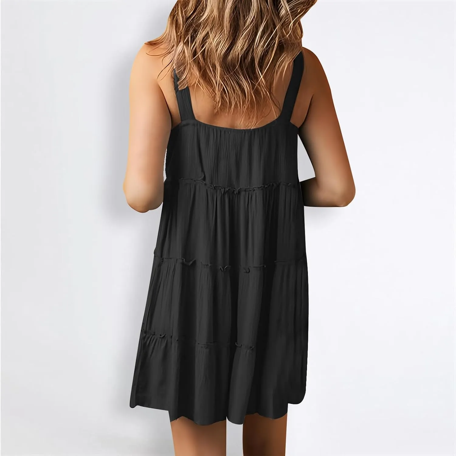 XUNRYAN Womens Tank Dresses Summer Trendy Spaghetti Strap Mini Dress Casual Button Sundress Tiered Ruffle Vacation Outfit