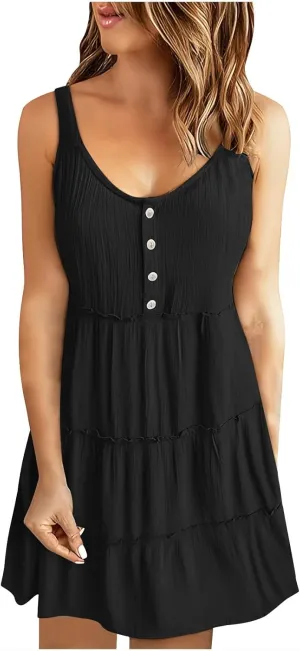 XUNRYAN Womens Tank Dresses Summer Trendy Spaghetti Strap Mini Dress Casual Button Sundress Tiered Ruffle Vacation Outfit
