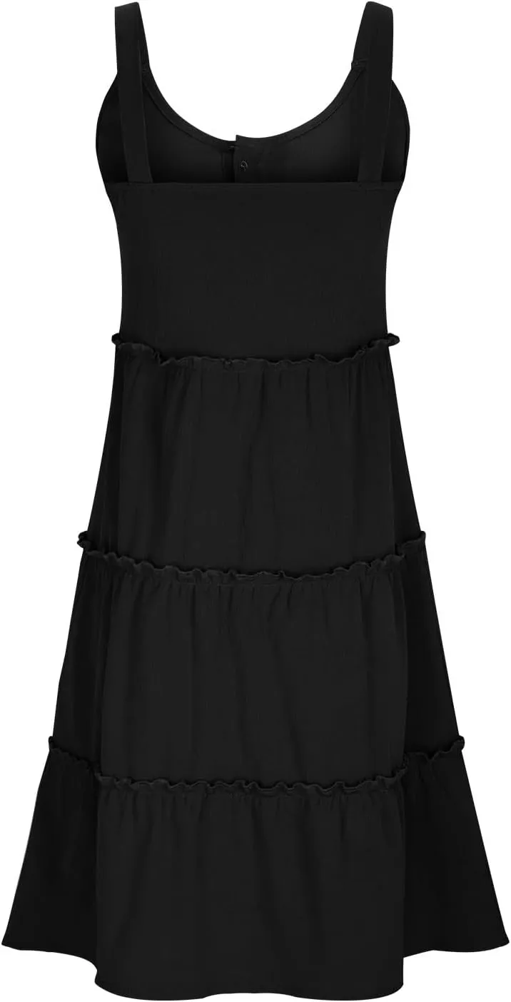 XUNRYAN Womens Tank Dresses Summer Trendy Spaghetti Strap Mini Dress Casual Button Sundress Tiered Ruffle Vacation Outfit