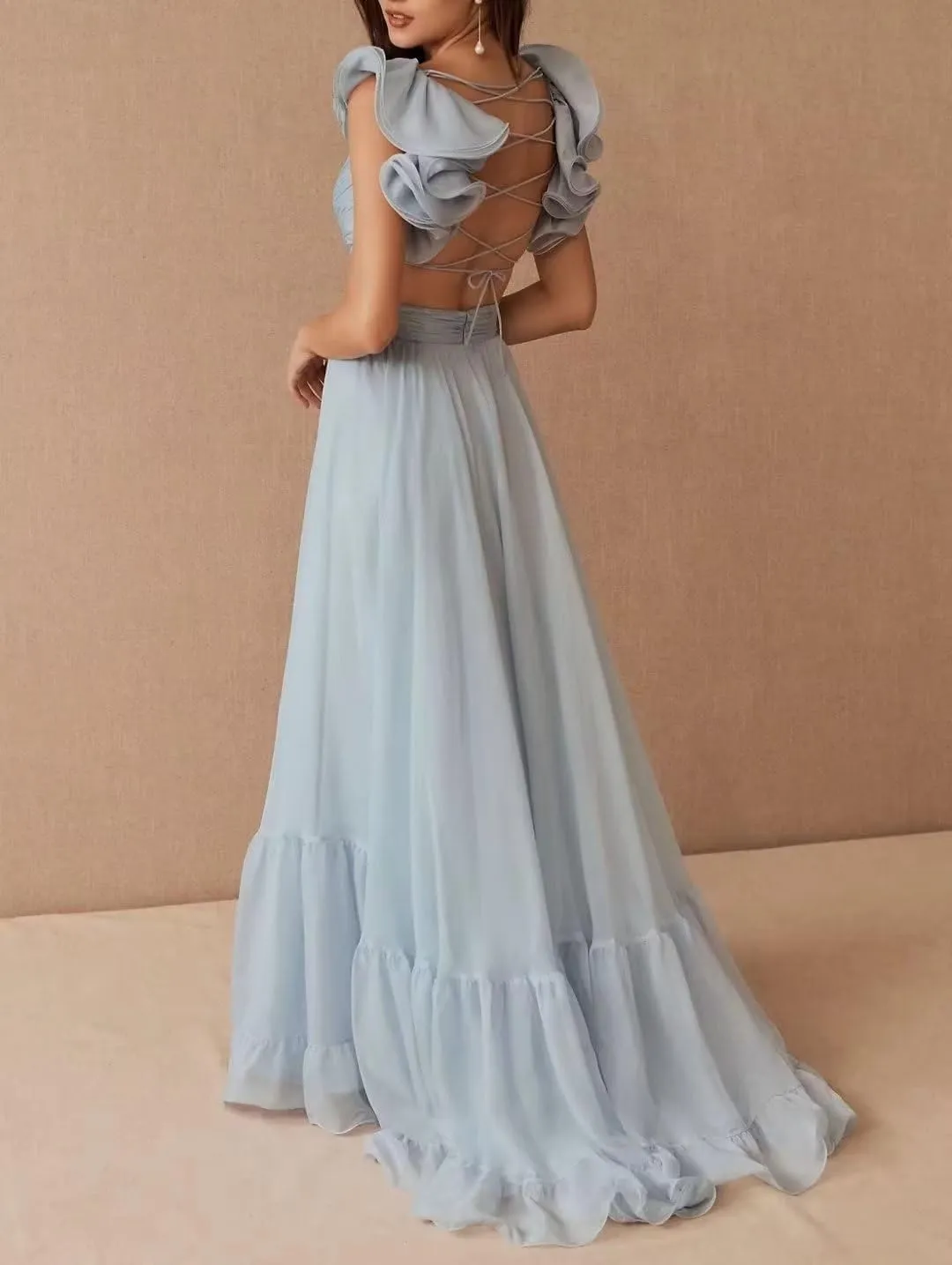 Xyiveaf V-Neck Prom Dresses for Women Formal Evening Dress Chiffon Bridesmaid Dresses Elegant Backless Long Ball Gowns