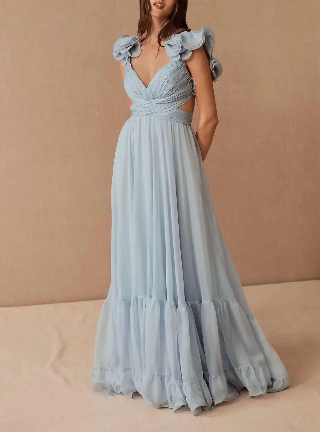 Xyiveaf V-Neck Prom Dresses for Women Formal Evening Dress Chiffon Bridesmaid Dresses Elegant Backless Long Ball Gowns