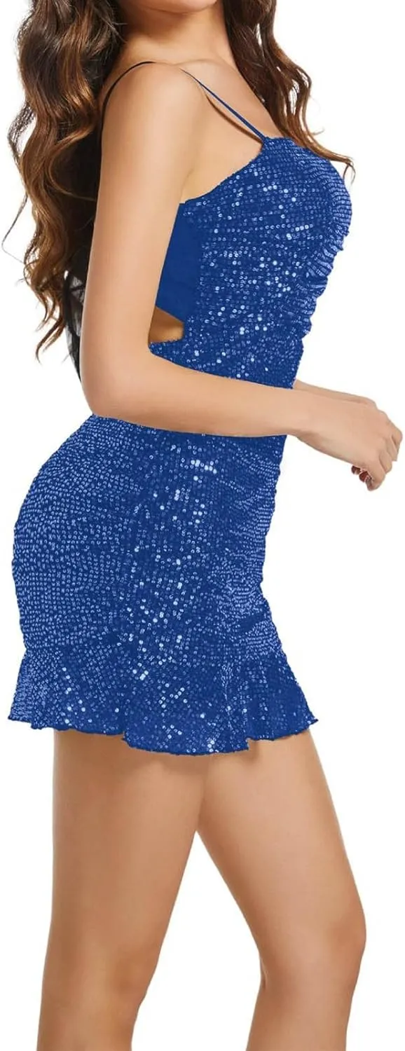 yardsong Sparkly Dresses for Women Glitter Sequin Bodycon Mini Dress Spaghetti Strap Ruffle Hem Party Club Dresses