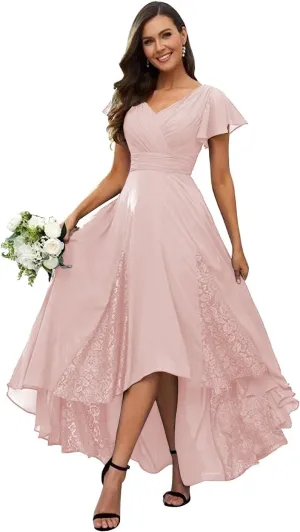 YAUTKA Chiffon Bridesmaid Dresses for Wedding Tea Length V-Neck A-Line Formal Dresses for Women 2024 with Ruffle Sleeve