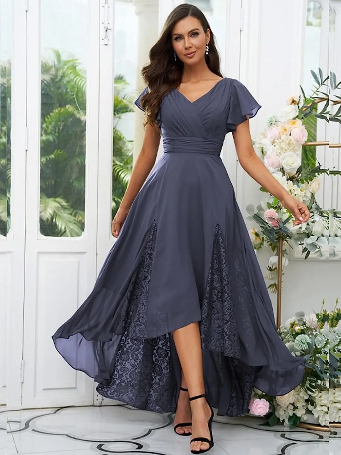 YAUTKA Chiffon Bridesmaid Dresses for Wedding Tea Length V-Neck A-Line Formal Dresses for Women 2024 with Ruffle Sleeve