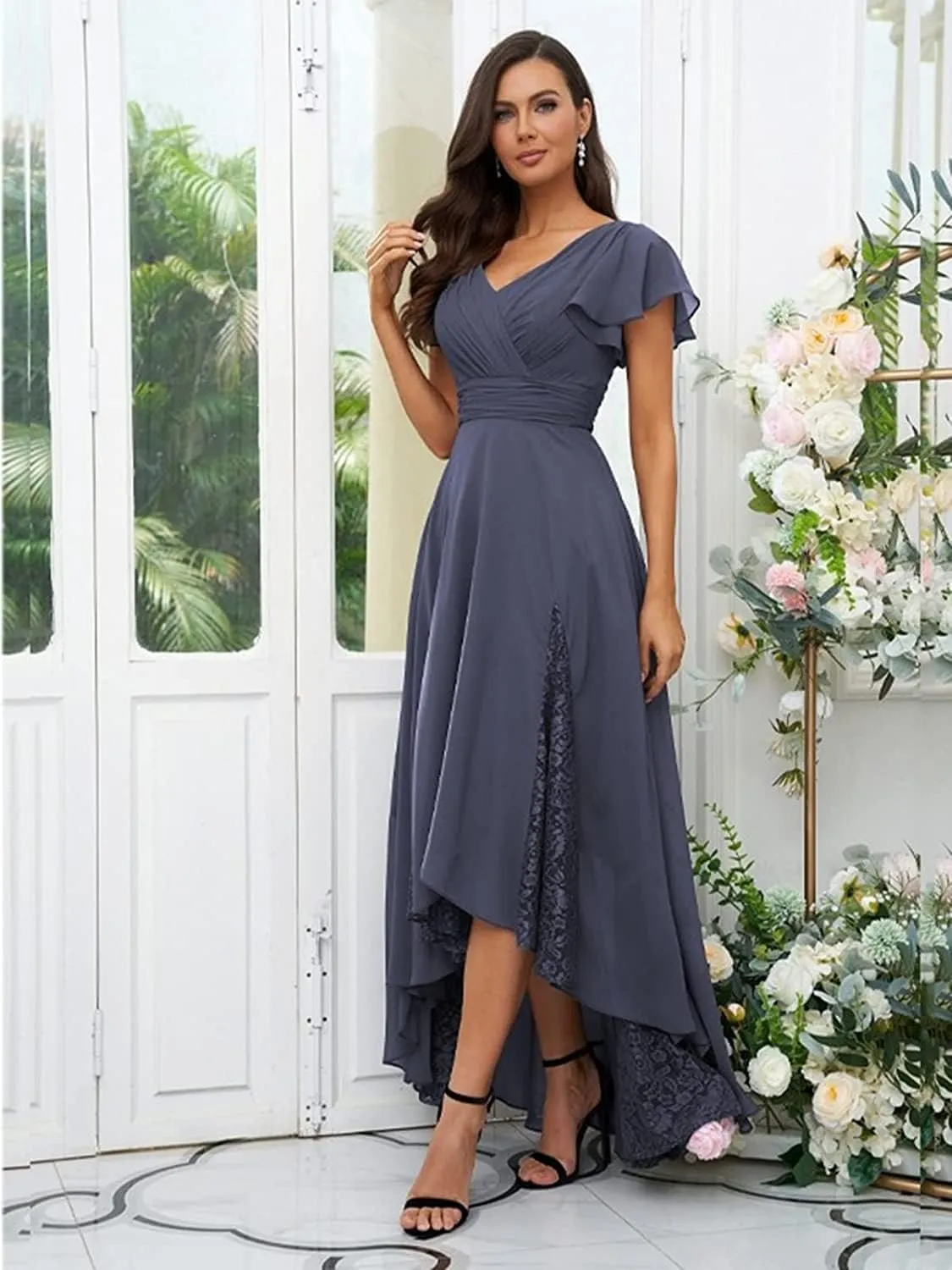 YAUTKA Chiffon Bridesmaid Dresses for Wedding Tea Length V-Neck A-Line Formal Dresses for Women 2024 with Ruffle Sleeve