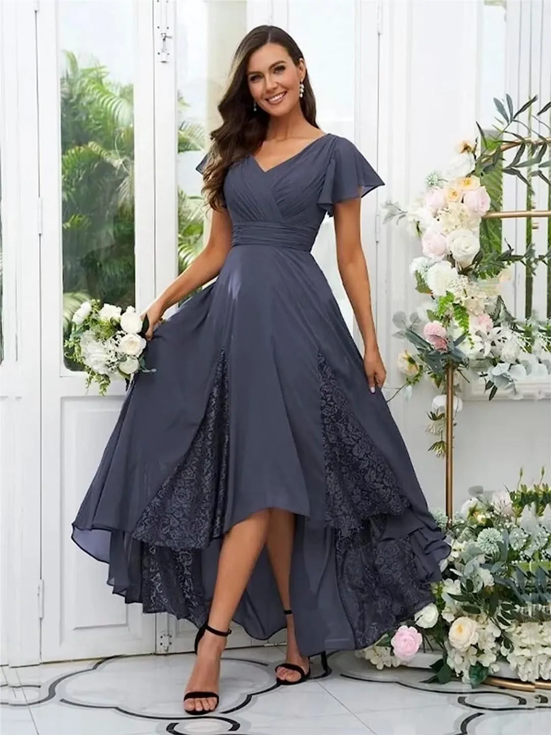 YAUTKA Chiffon Bridesmaid Dresses for Wedding Tea Length V-Neck A-Line Formal Dresses for Women 2024 with Ruffle Sleeve