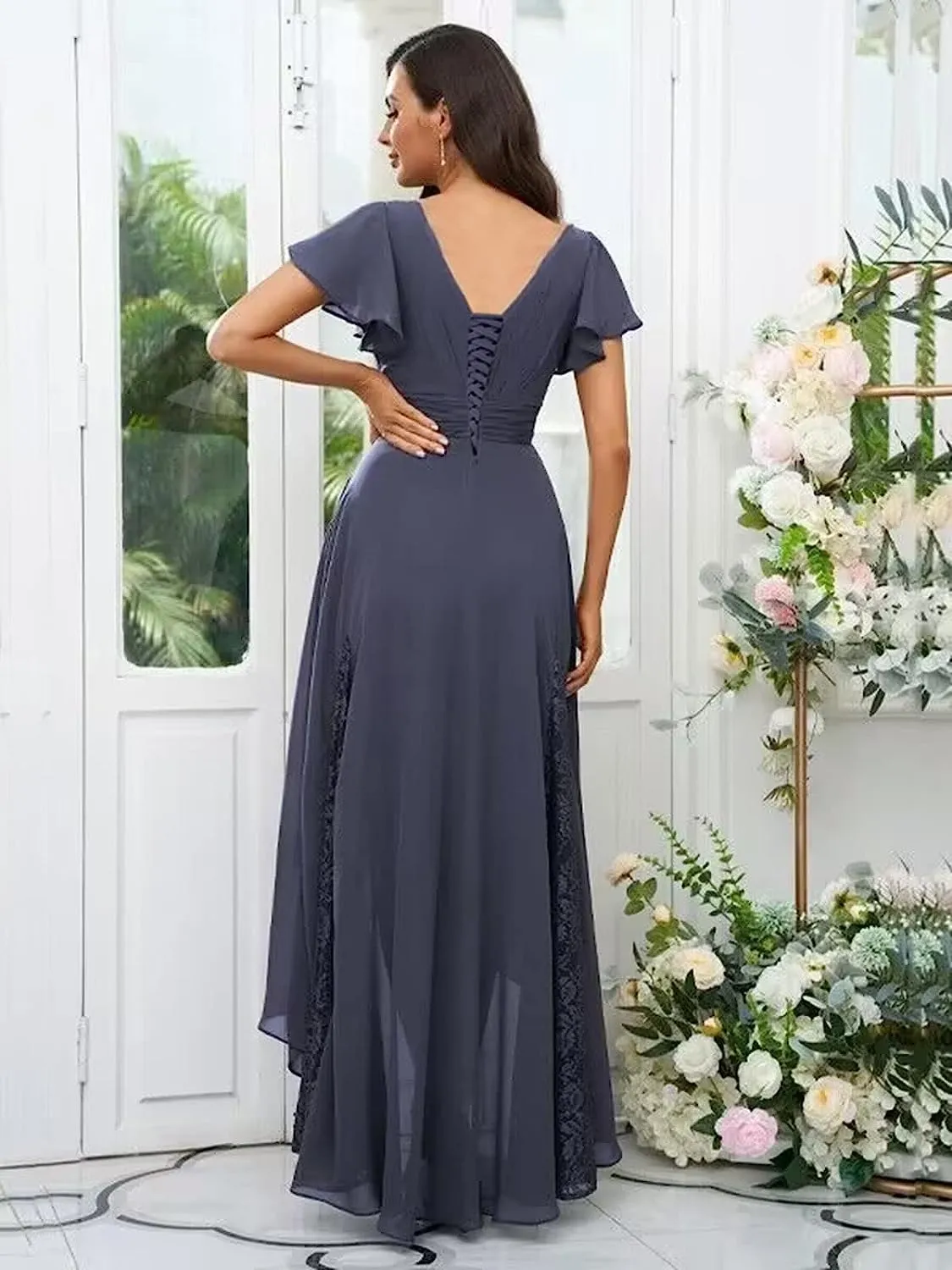 YAUTKA Chiffon Bridesmaid Dresses for Wedding Tea Length V-Neck A-Line Formal Dresses for Women 2024 with Ruffle Sleeve