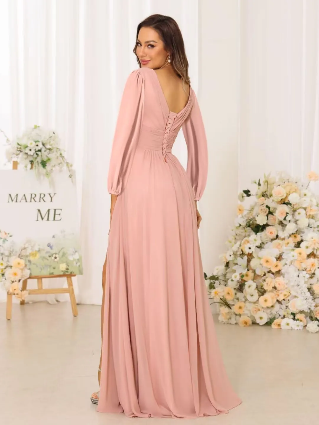 YMSHA Chiffon Pleated Bridesmaid Dresses with Slit Long Sleeve Formal Party Dress with Pockets YMS381
