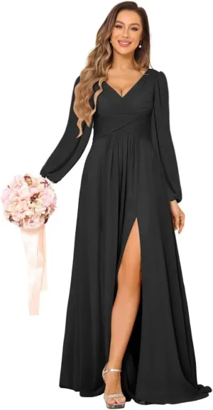 YMSHA Chiffon Pleated Bridesmaid Dresses with Slit Long Sleeve Formal Party Dress with Pockets YMS381