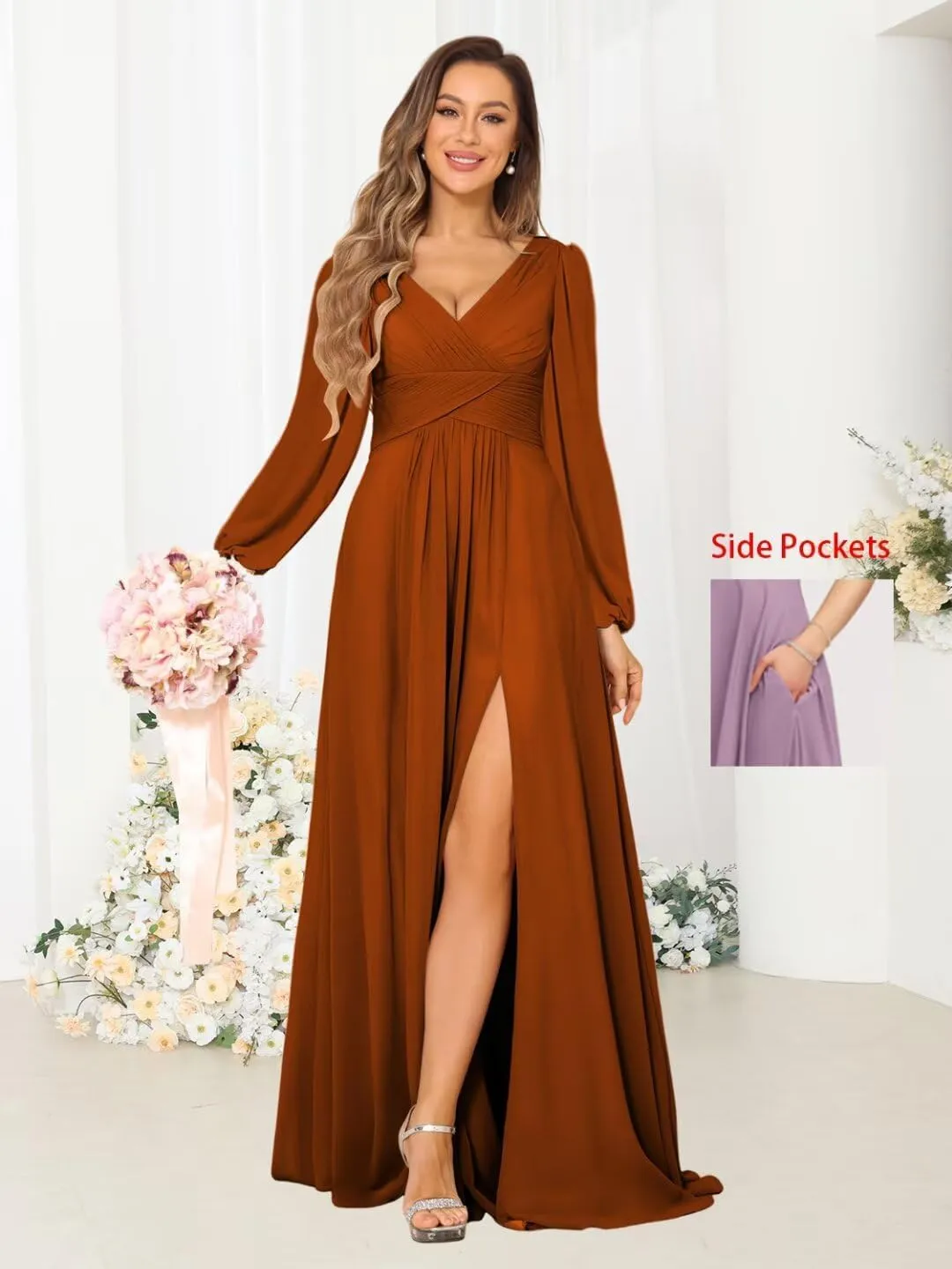 YMSHA Chiffon Pleated Bridesmaid Dresses with Slit Long Sleeve Formal Party Dress with Pockets YMS381