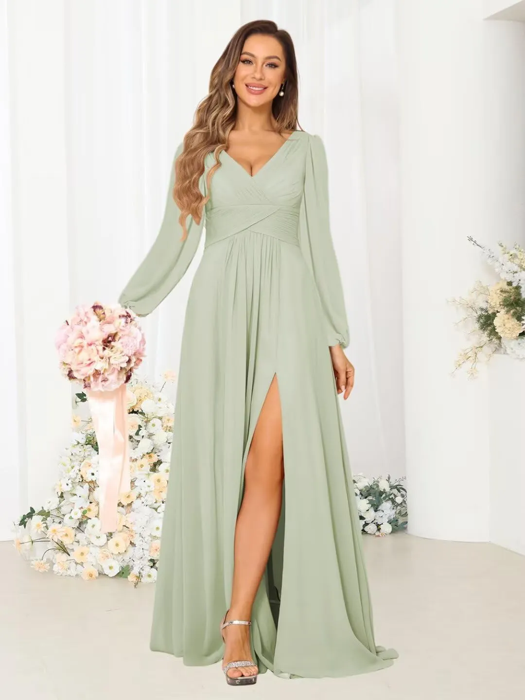 YMSHA Chiffon Pleated Bridesmaid Dresses with Slit Long Sleeve Formal Party Dress with Pockets YMS381