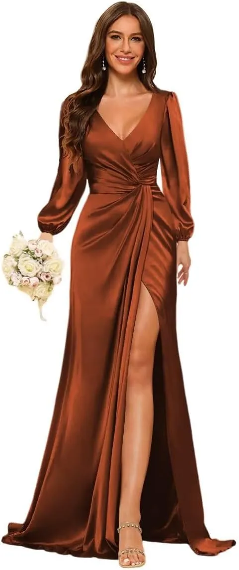 YMSHA Mermaid Satin Bridesmaid Dresses with Slit Long Sleeve Formal Party Dress YMS373