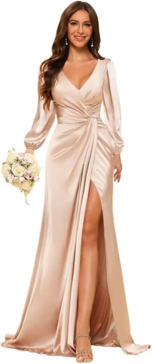 YMSHA Mermaid Satin Bridesmaid Dresses with Slit Long Sleeve Formal Party Dress YMS373