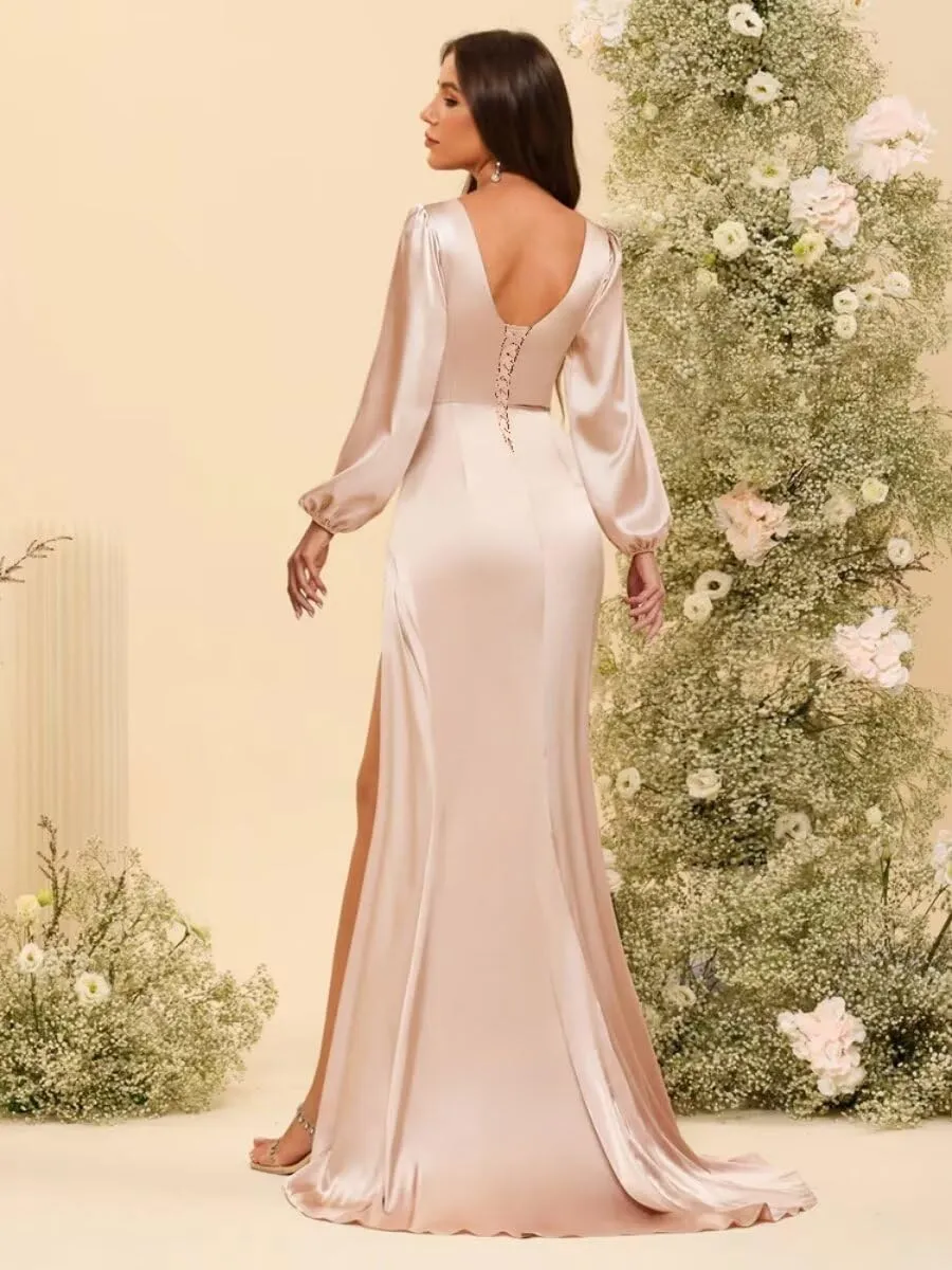 YMSHA Mermaid Satin Bridesmaid Dresses with Slit Long Sleeve Formal Party Dress YMS373