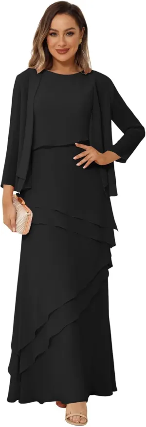 YOFF 2 Pieces Mother of The Bride Dresses with Jacket Long Sleeve Chiffon Long Formal Dress with Ruffles YO169
