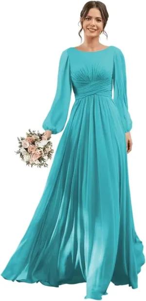 YOFF Scoop Neck Long Sleeve Bridesmaid Dress with Pockets Long A-Line Chiffon Formal Party Dresses with Slit YO148