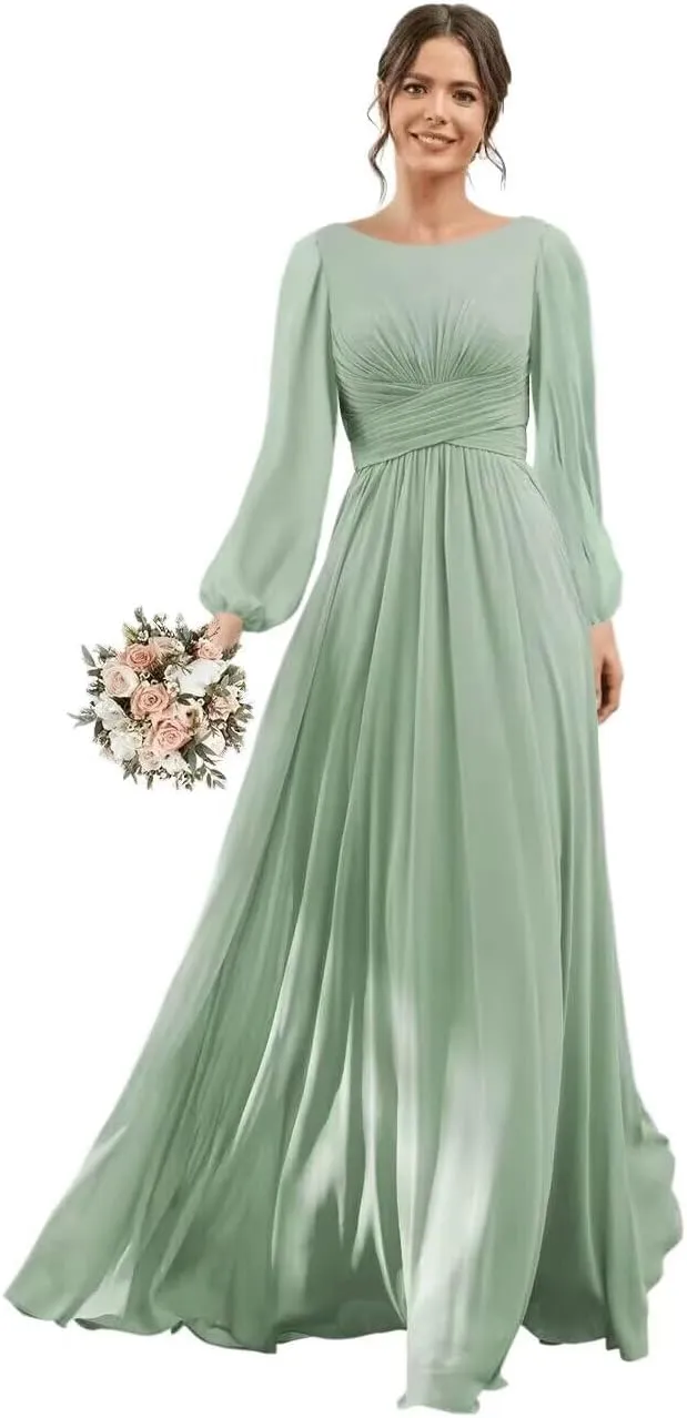 YOFF Scoop Neck Long Sleeve Bridesmaid Dress with Pockets Long A-Line Chiffon Formal Party Dresses with Slit YO148