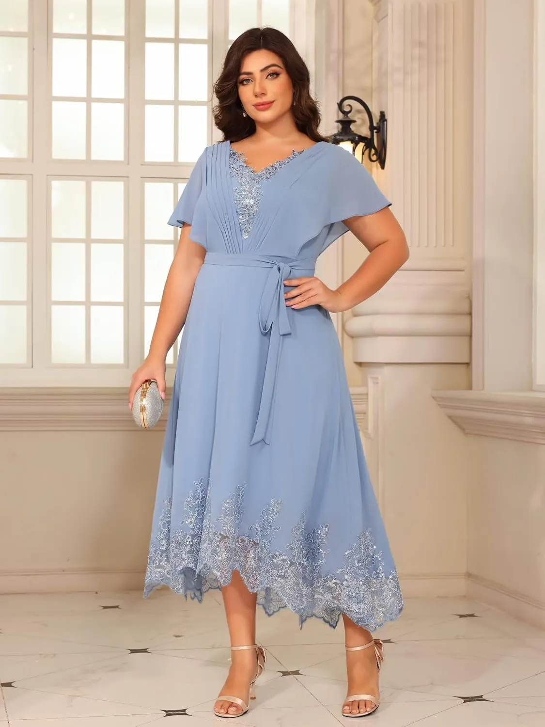 YOFF Short Sleeves V Neck Mother of The Bride Dresses Sequin Lace Appliques Chiffon Formal Evening Prom Dress YO232