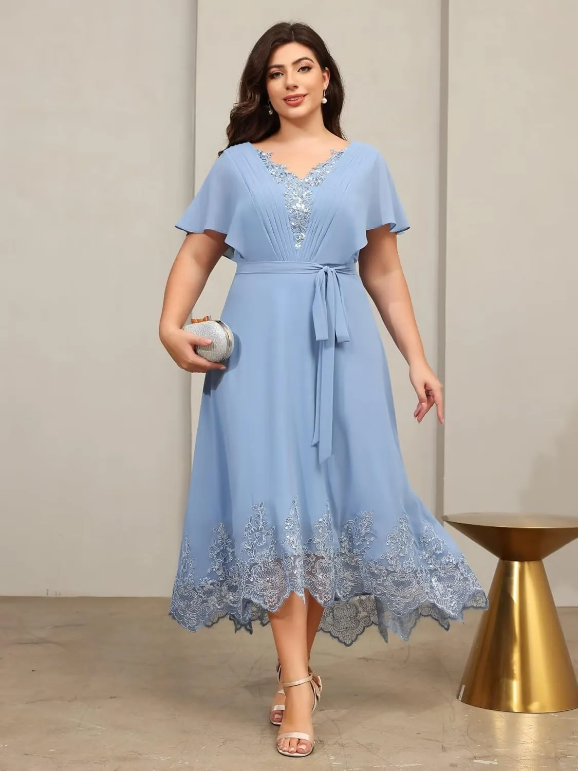 YOFF Short Sleeves V Neck Mother of The Bride Dresses Sequin Lace Appliques Chiffon Formal Evening Prom Dress YO232