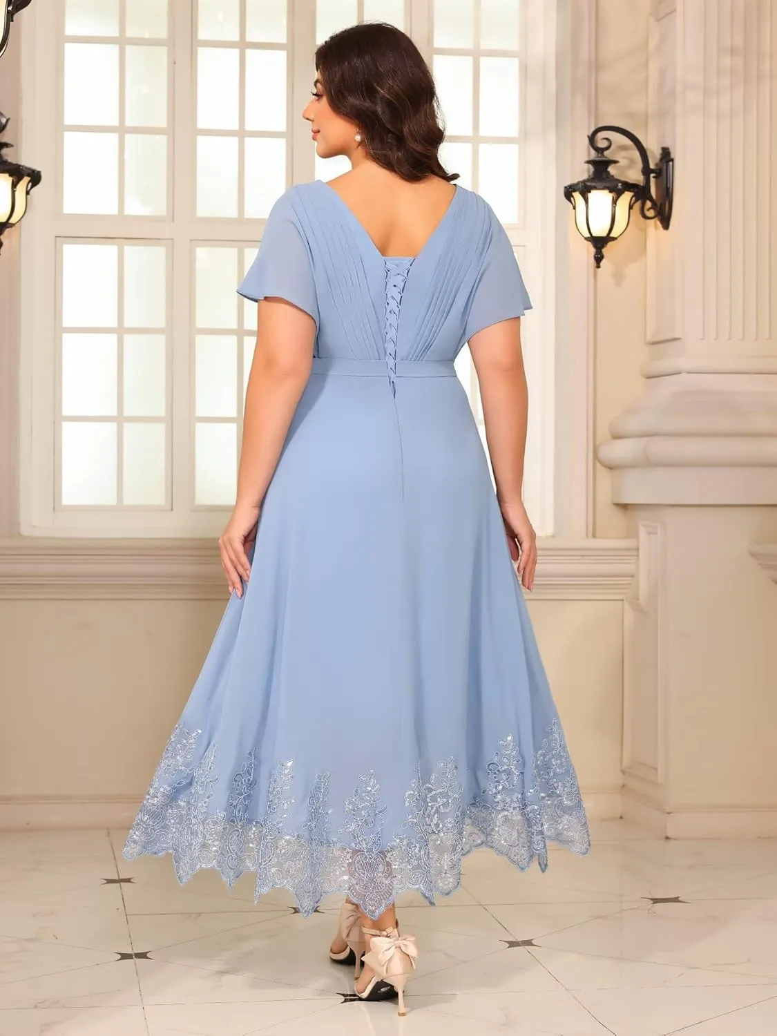 YOFF Short Sleeves V Neck Mother of The Bride Dresses Sequin Lace Appliques Chiffon Formal Evening Prom Dress YO232