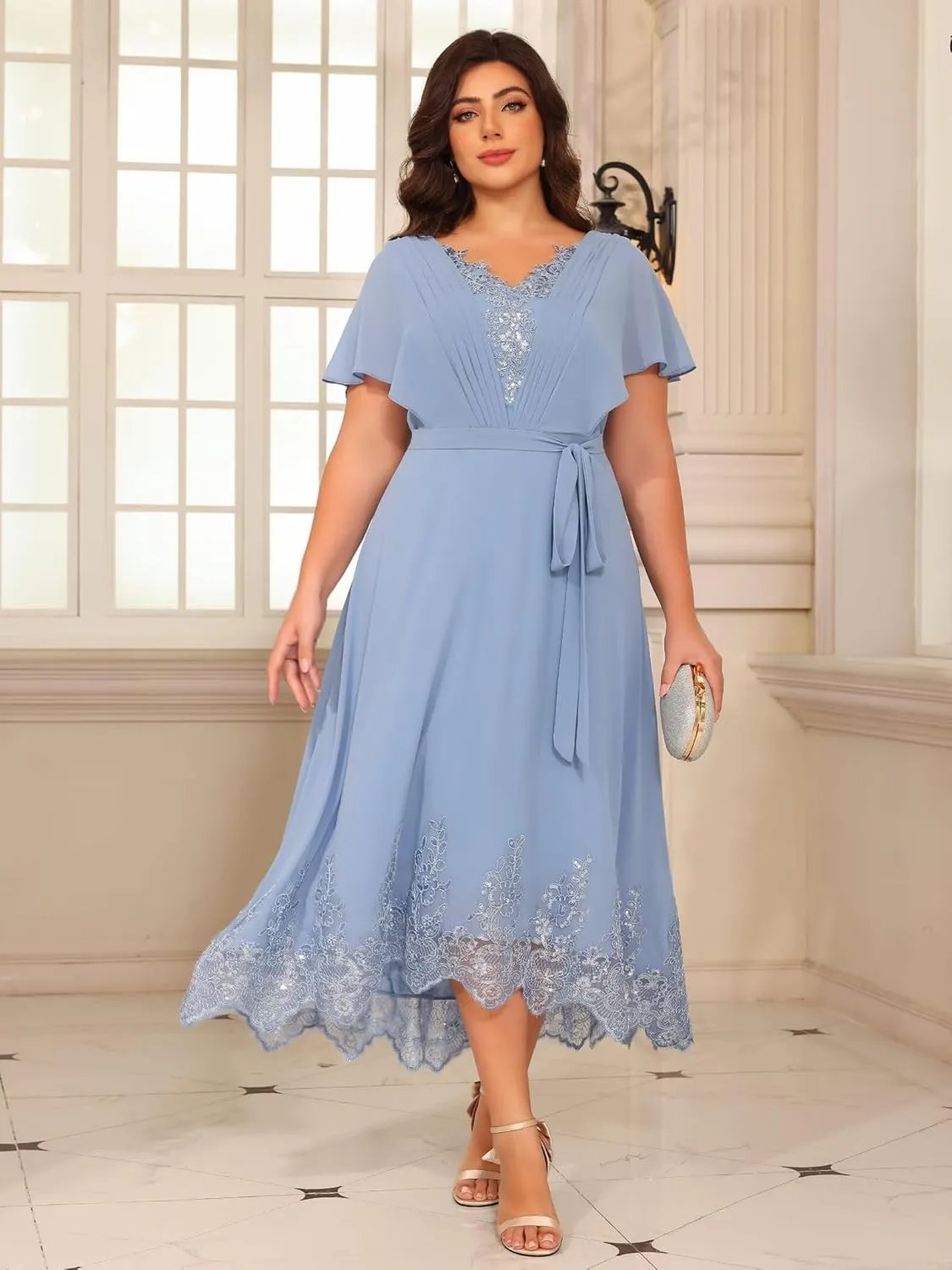 YOFF Short Sleeves V Neck Mother of The Bride Dresses Sequin Lace Appliques Chiffon Formal Evening Prom Dress YO232