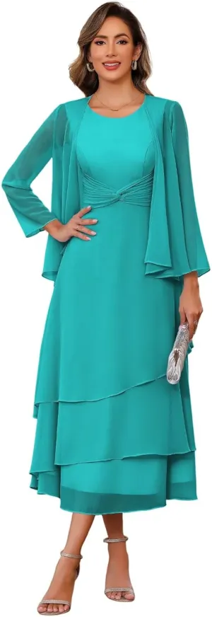 YOFF Women's 2 Piece Mother of The Bride Dresses with Jacket 2025 Crew Neck Chiffon Maxi Formal Evening Gown YO165