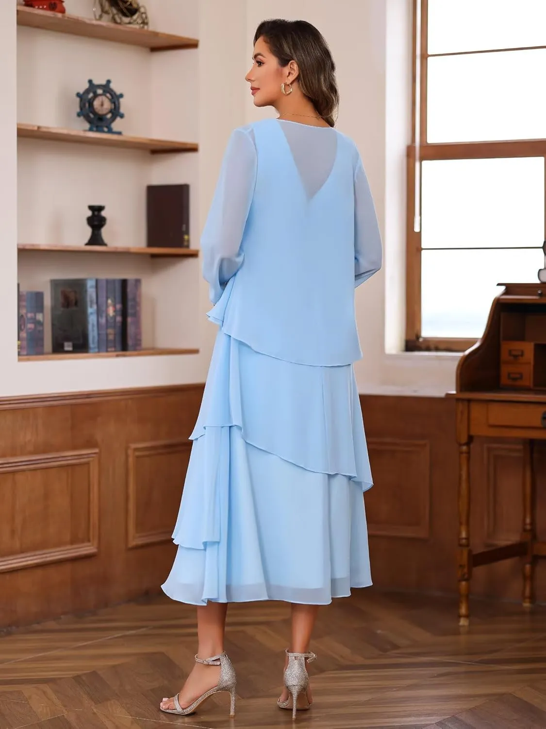 YOFF Women's 2 Piece Mother of The Bride Dresses with Jacket 2025 Crew Neck Chiffon Maxi Formal Evening Gown YO165
