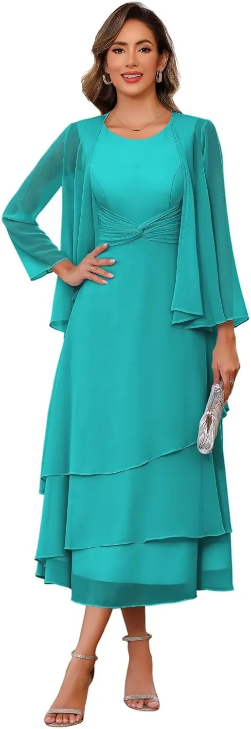 YOFF Women's 2 Piece Mother of The Bride Dresses with Jacket 2025 Crew Neck Chiffon Maxi Formal Evening Gown YO165