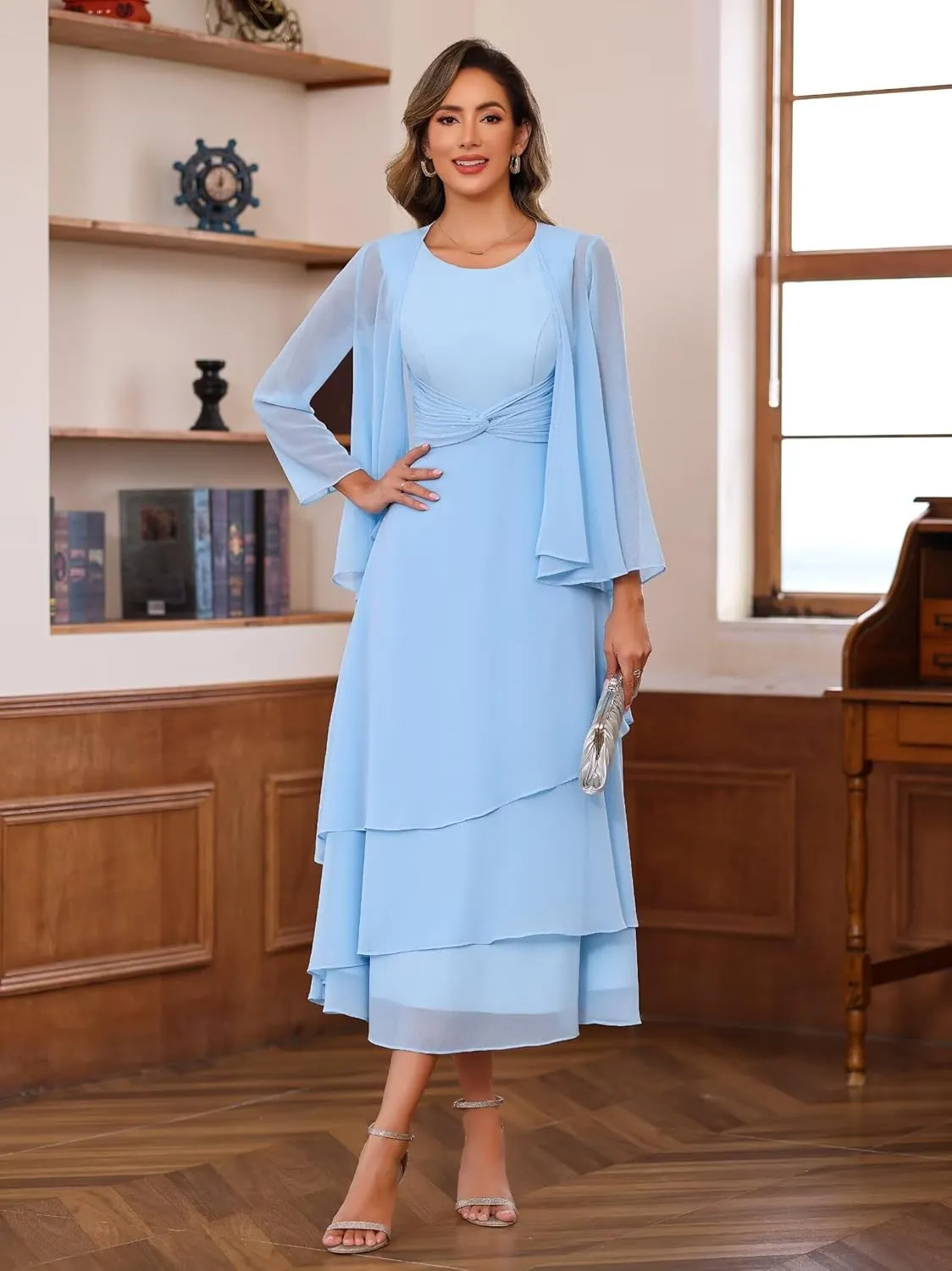 YOFF Women's 2 Piece Mother of The Bride Dresses with Jacket 2025 Crew Neck Chiffon Maxi Formal Evening Gown YO165