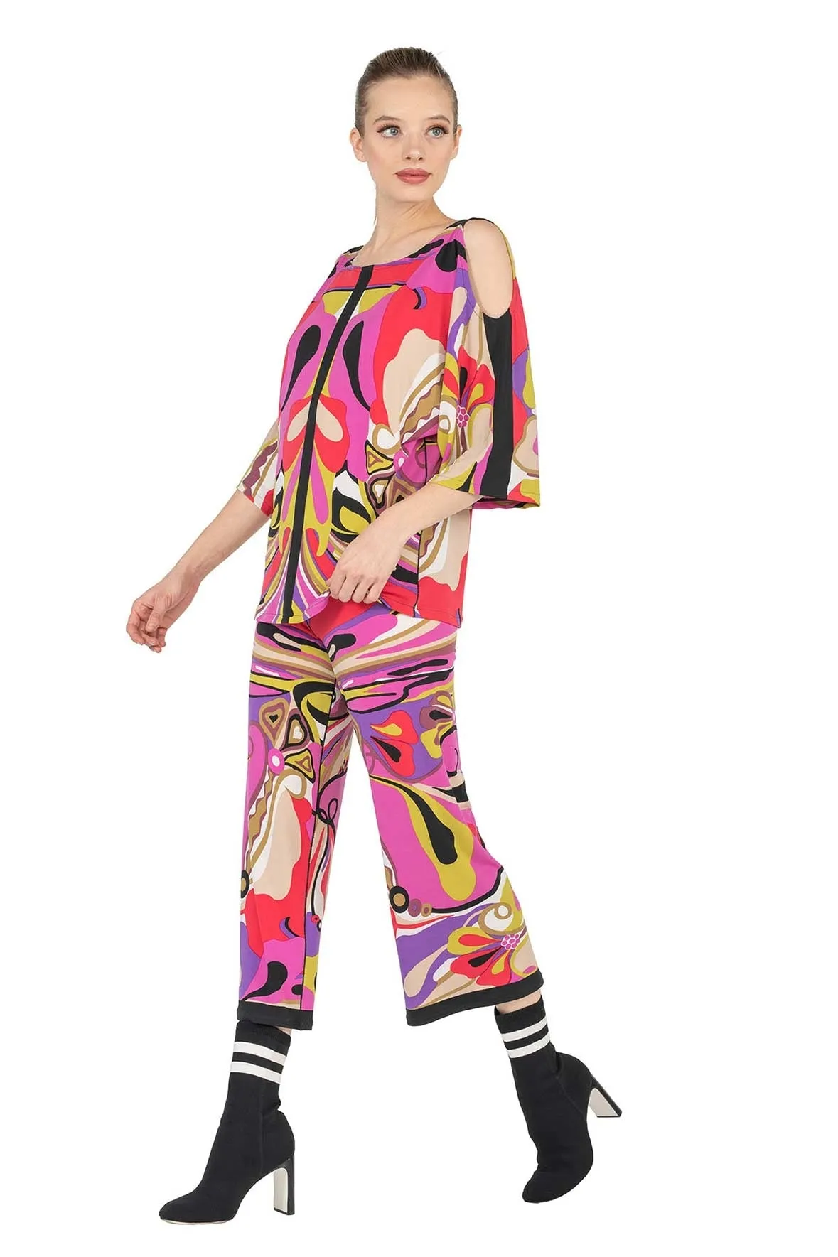 Yoke Straight Cropped Elastic Waist Pants