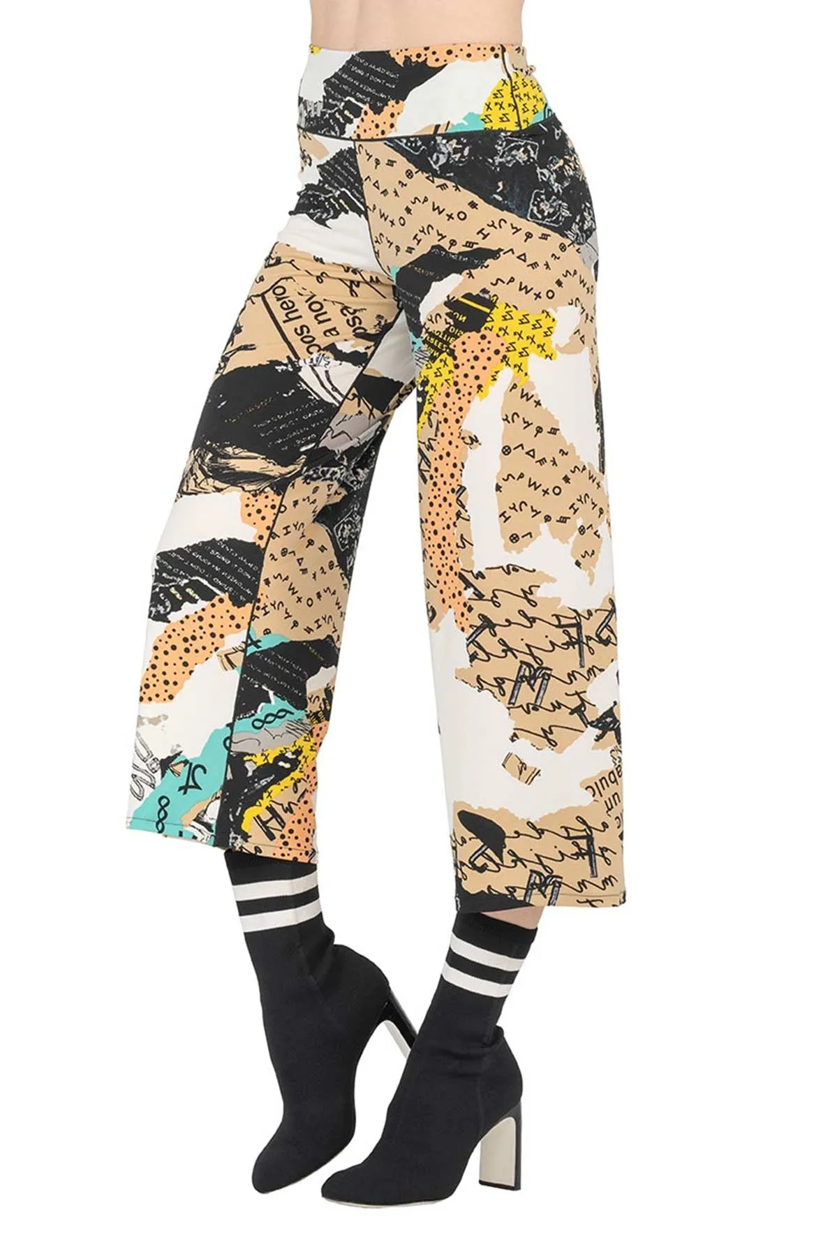 Yoke Straight Cropped Elastic Waist Pants
