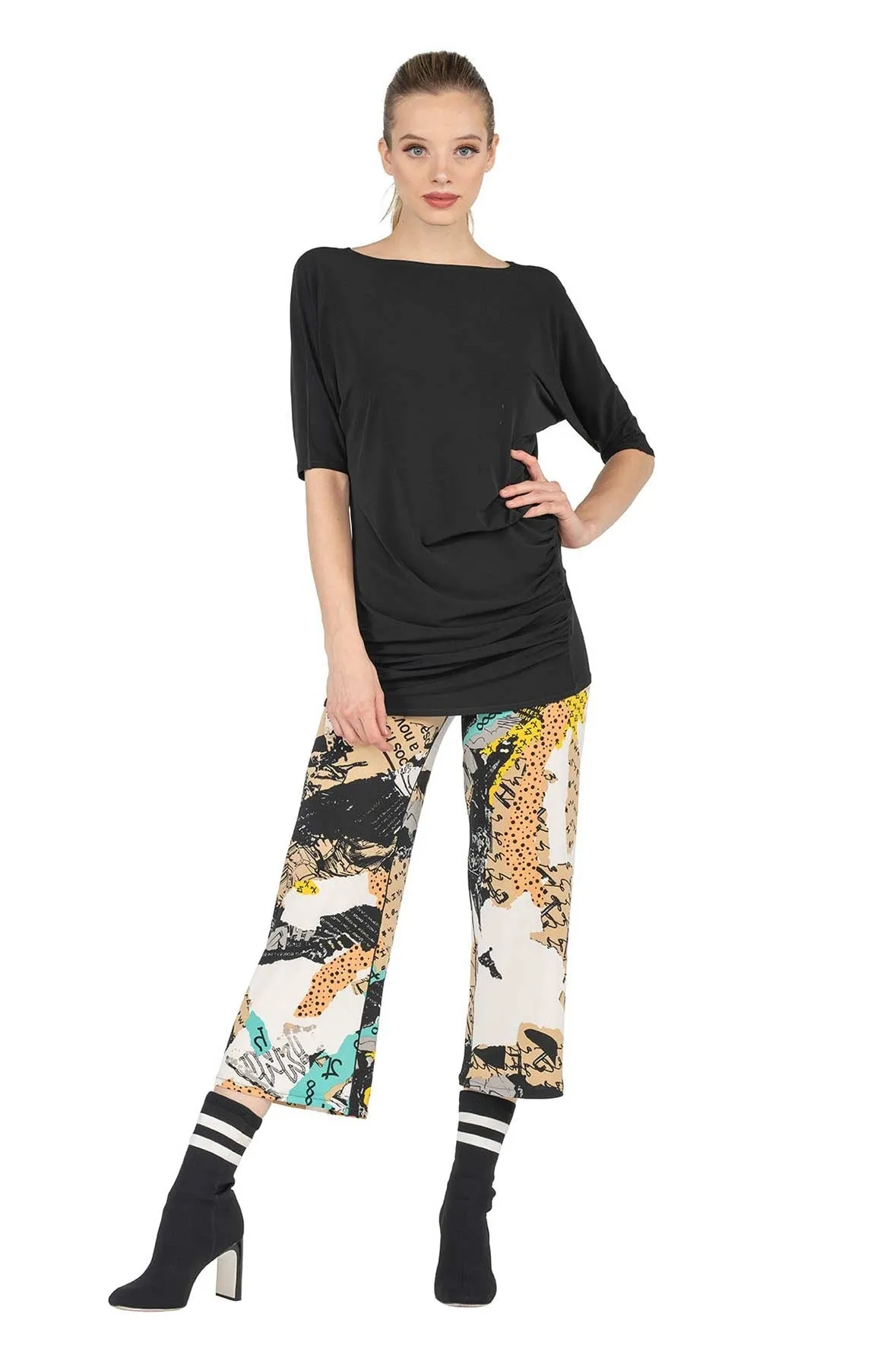 Yoke Straight Cropped Elastic Waist Pants