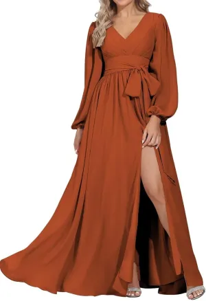 YRGERATON Long Sleeve Wedding Bridesmaid Dresses V-Neck Flowy Chiffon Formal Evening Prom Gown with Slit