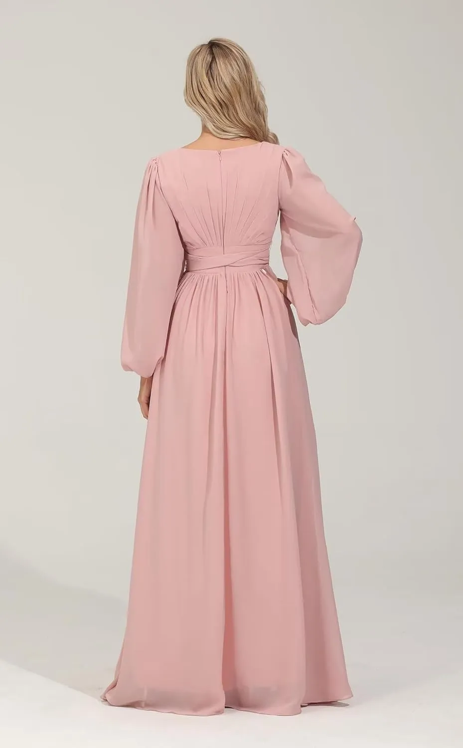 YRGERATON Long Sleeve Wedding Bridesmaid Dresses V-Neck Flowy Chiffon Formal Evening Prom Gown with Slit