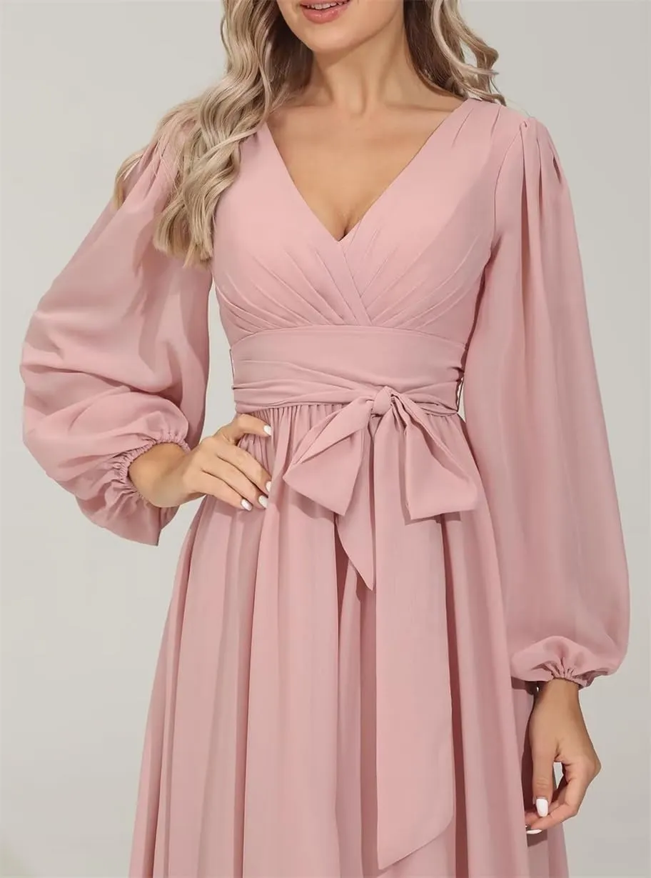 YRGERATON Long Sleeve Wedding Bridesmaid Dresses V-Neck Flowy Chiffon Formal Evening Prom Gown with Slit