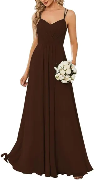 YRGERATON Spaghetti Straps Wedding Bridesmaid Dresses V-Neck Fold Chiffon Formal Evening Prom Gown Ankle Length