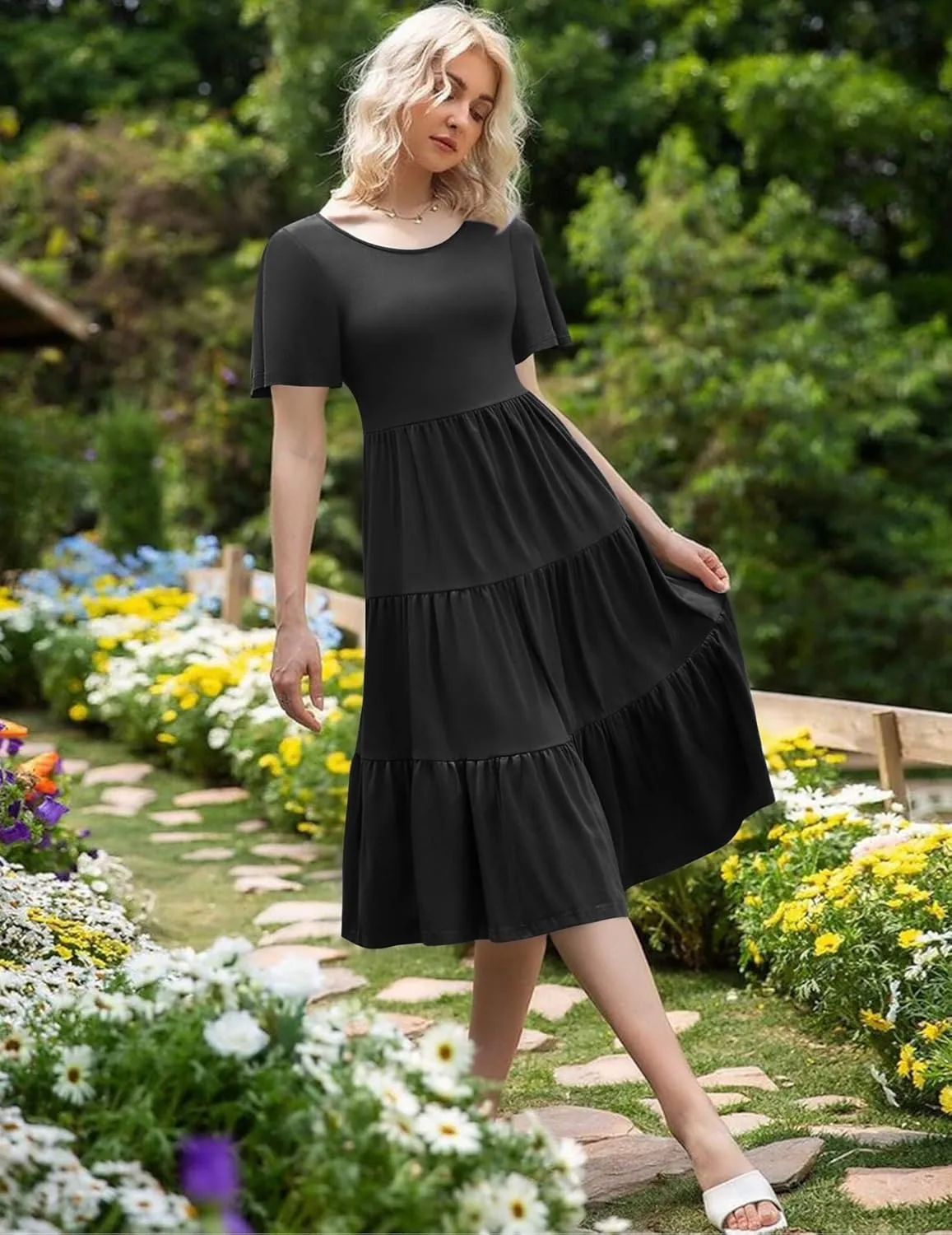 Zeagoo Women's Summer Dress Midi Floral Flutter Short Sleeve Casual Dresses with Pockets Tiered Flowy Boho Beach Dress