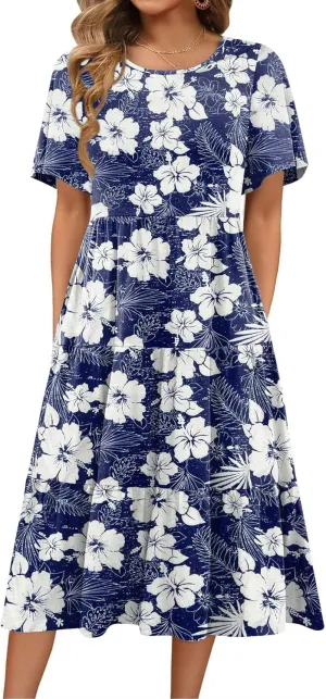 Zeagoo Women's Summer Dress Midi Floral Flutter Short Sleeve Casual Dresses with Pockets Tiered Flowy Boho Beach Dress