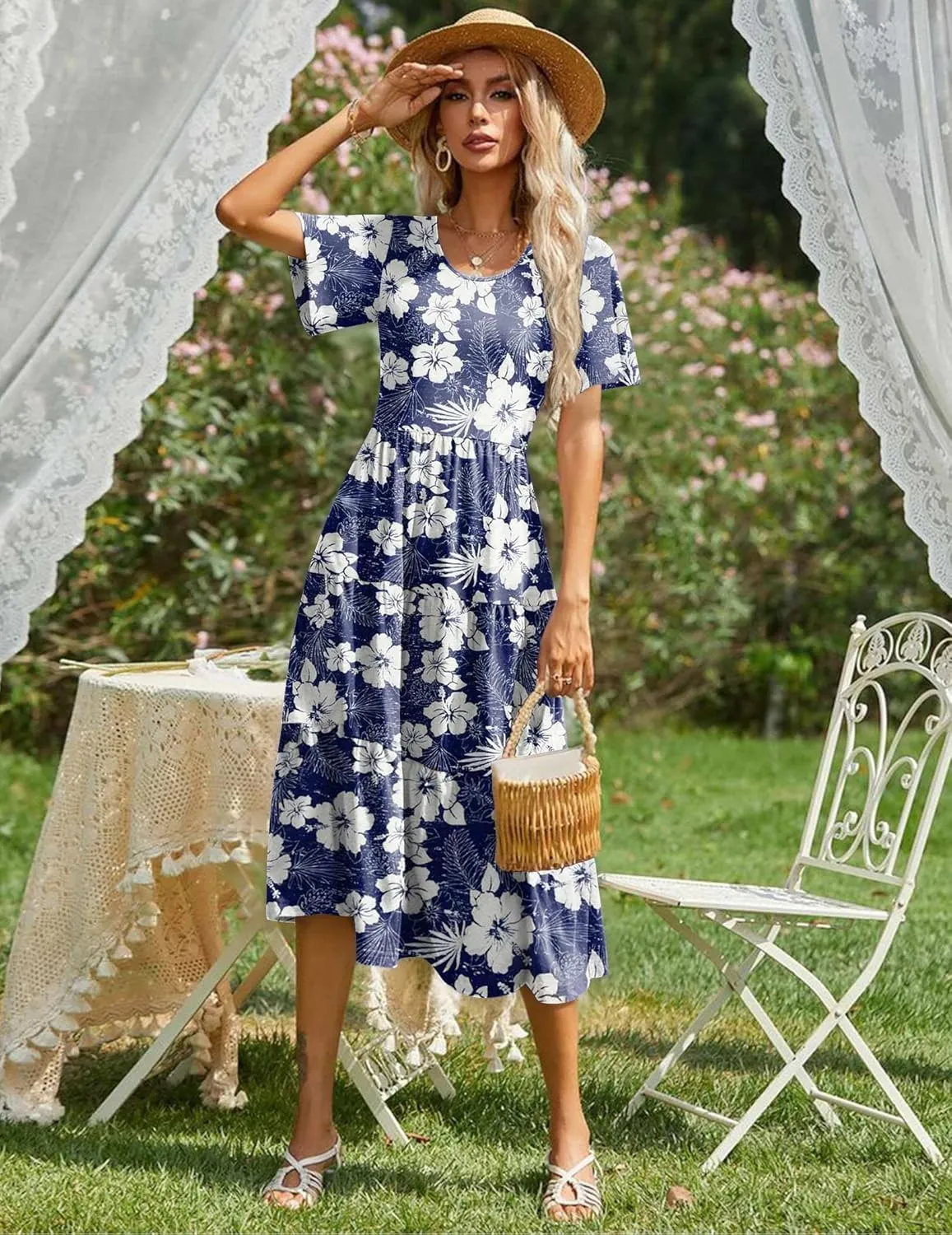 Zeagoo Women's Summer Dress Midi Floral Flutter Short Sleeve Casual Dresses with Pockets Tiered Flowy Boho Beach Dress