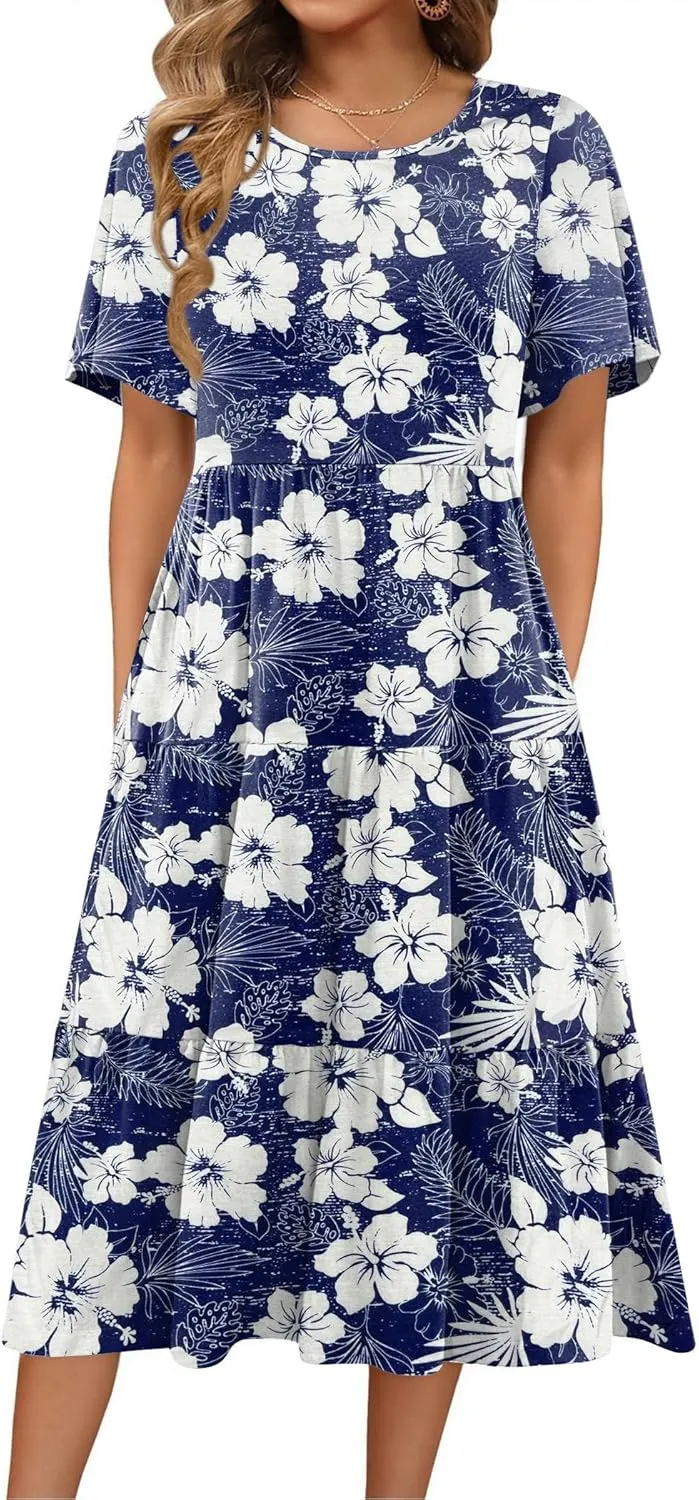 Zeagoo Women's Summer Dress Midi Floral Flutter Short Sleeve Casual Dresses with Pockets Tiered Flowy Boho Beach Dress