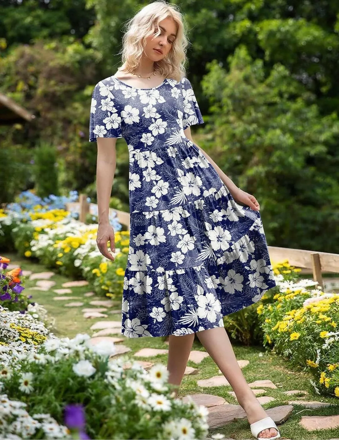 Zeagoo Women's Summer Dress Midi Floral Flutter Short Sleeve Casual Dresses with Pockets Tiered Flowy Boho Beach Dress