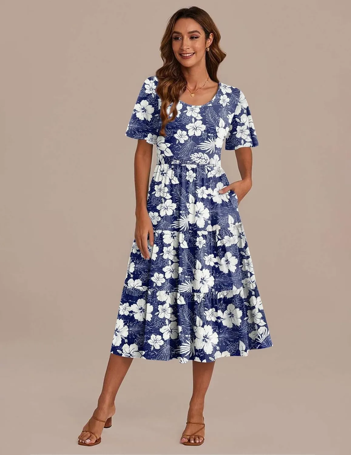 Zeagoo Women's Summer Dress Midi Floral Flutter Short Sleeve Casual Dresses with Pockets Tiered Flowy Boho Beach Dress