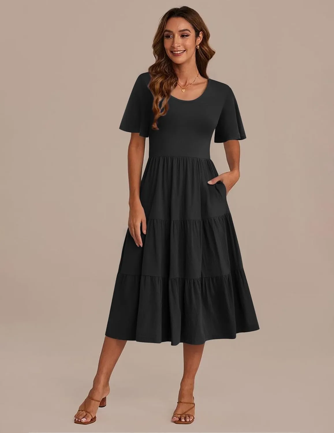 Zeagoo Women's Summer Dress Midi Floral Flutter Short Sleeve Casual Dresses with Pockets Tiered Flowy Boho Beach Dress