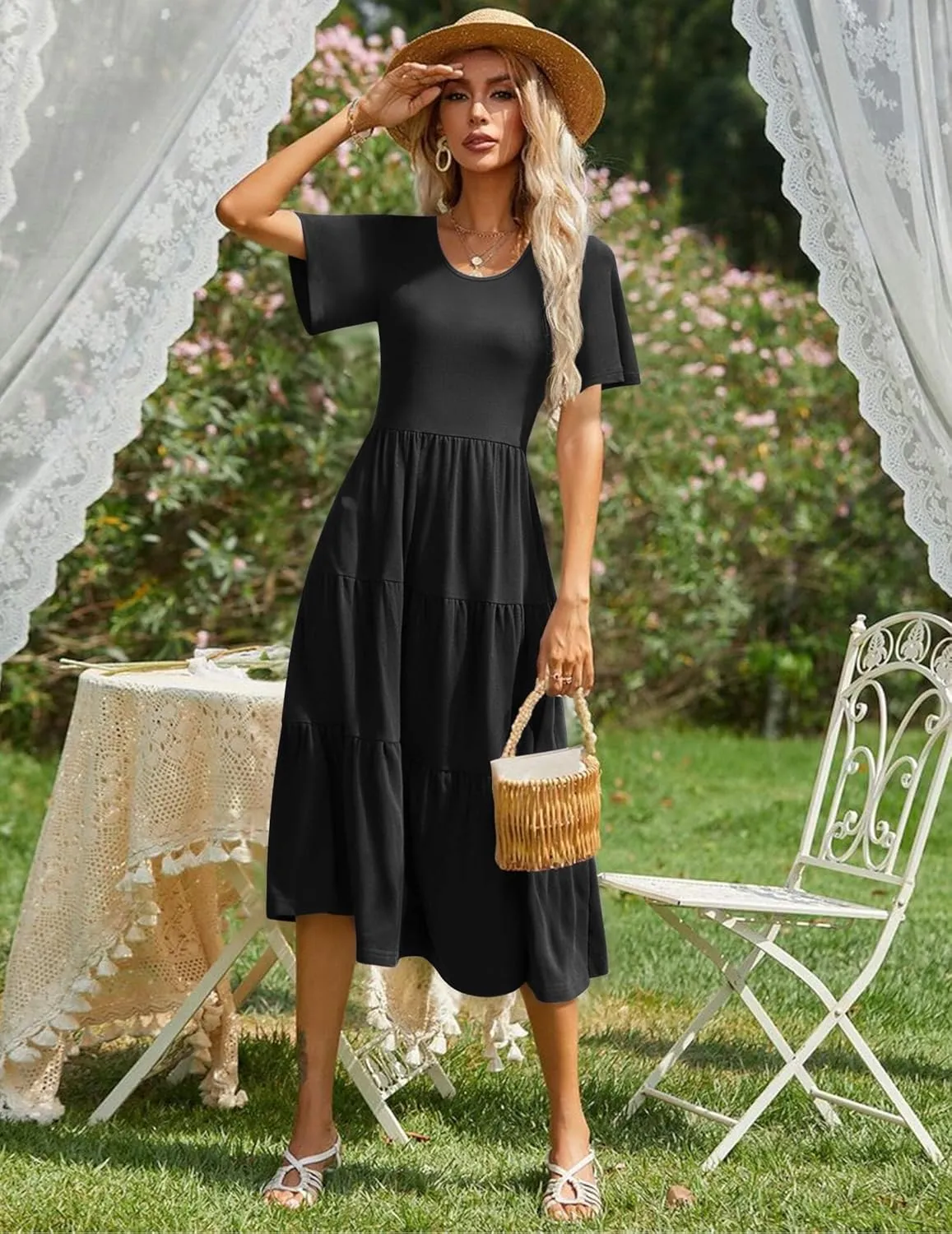 Zeagoo Women's Summer Dress Midi Floral Flutter Short Sleeve Casual Dresses with Pockets Tiered Flowy Boho Beach Dress